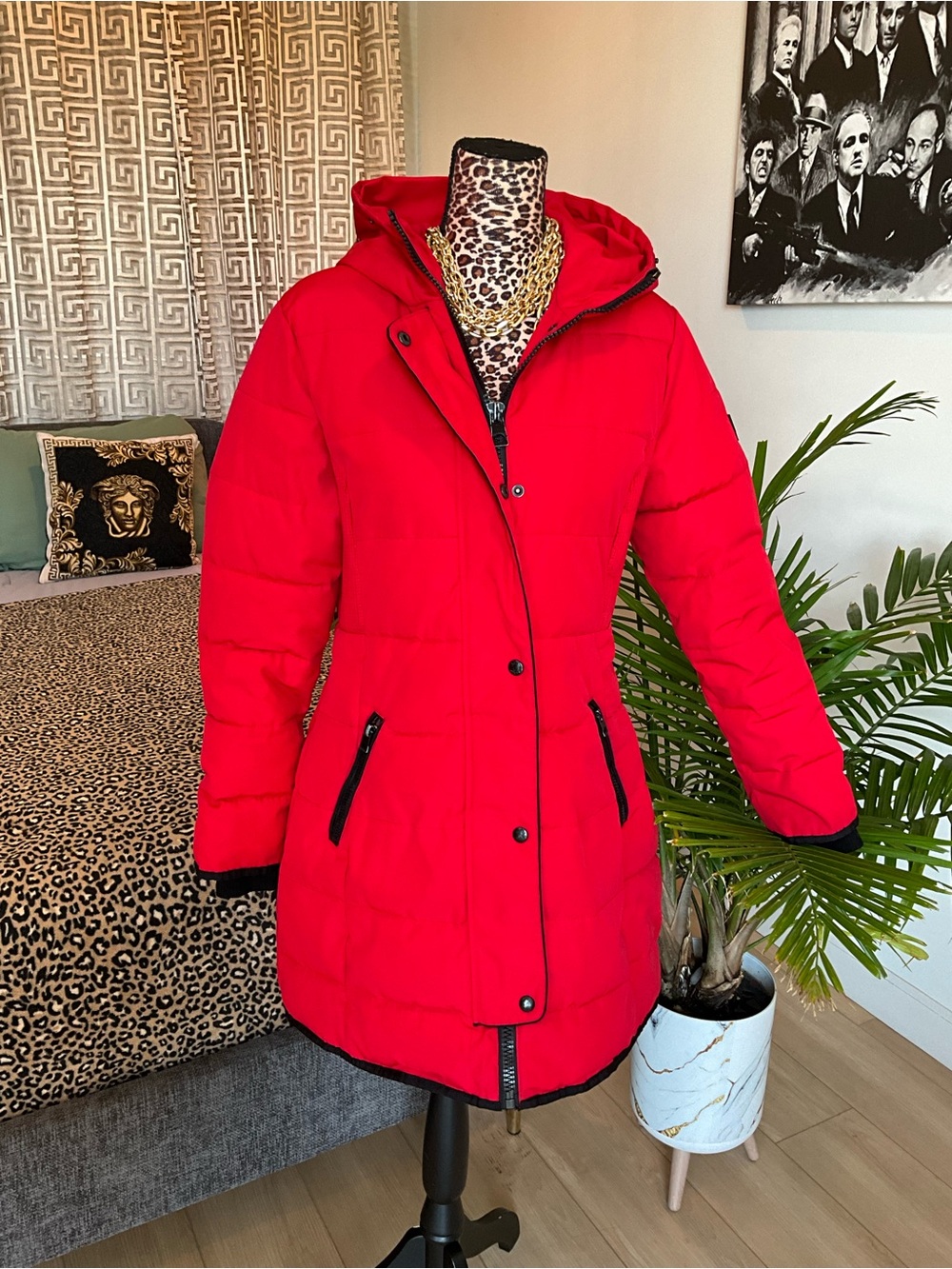 Guess Women's Bright Red Hooded Puffer Coat